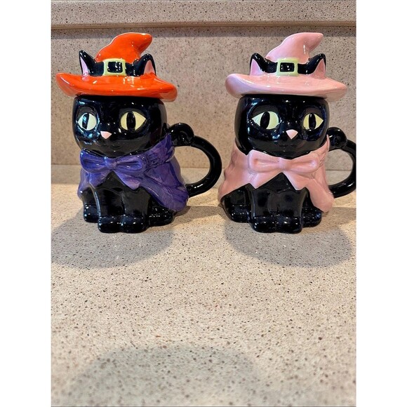 Unbranded Other - Jack O’ Lantern Lane Halloween Witch Cat Mugs Set of 2 Orange and Pink